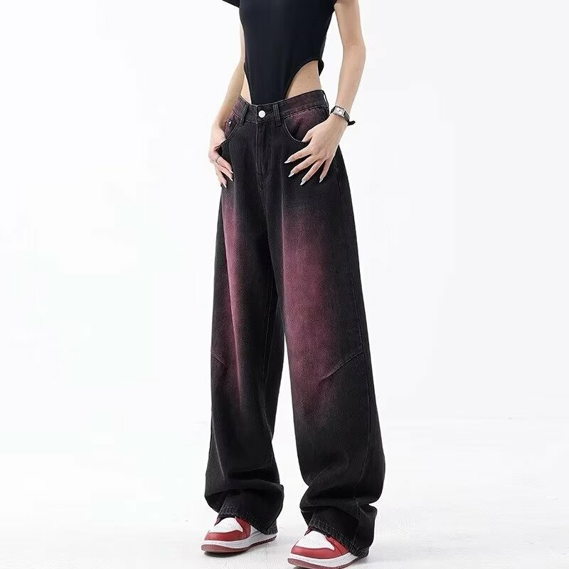 Celana JEANS Harajuku วินเทจผู้หญิงไซเบอร์ขากว้างกางเกงยีนส์ฮิปปี้เอวสูงกางเกงขายาวลำลองทรงแบ็กกี้ยาวเต็มตัวสีแดง