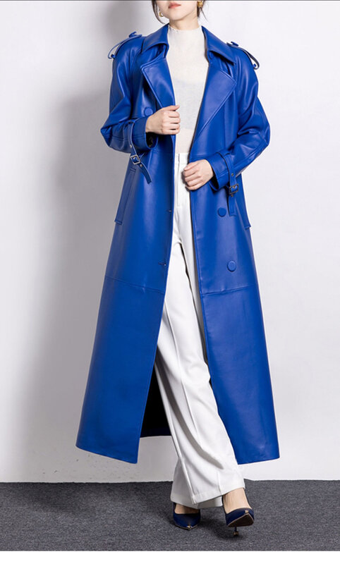 Gabardina Extra larga de cuero Pu para mujer, abrigo elegante de lujo, azul, suave, pasarela, moda europea, primavera y otoño, 2024