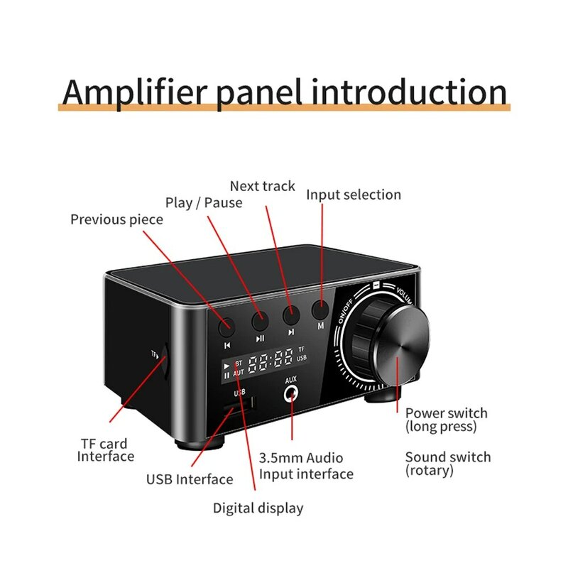 Amplificador HiFi Bluetooth Classe D, Mini Estéreo, TPA3116, Estéreo Digital para Casa, Car Marine, USB, AUX, Cartão TF, TPA3116, 50W + 50W