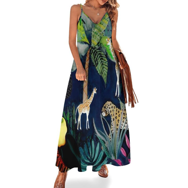 Vestido sin mangas con diseño de tema de jungla para mujer, ropa