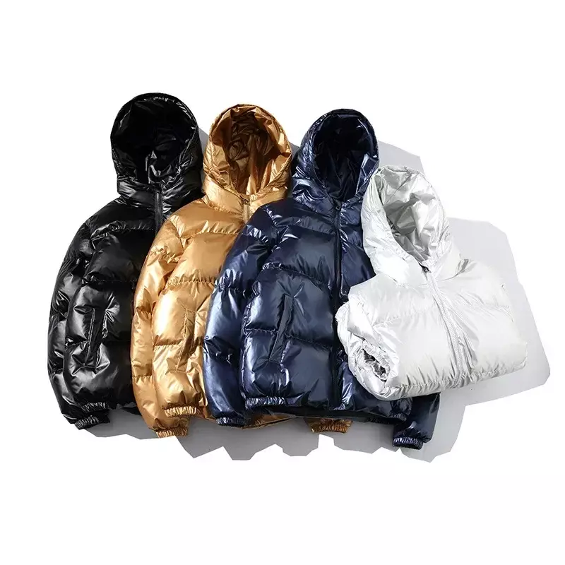 メンズの明るいゴールドのフード付きコート,短い綿のふくらんでいるコート,光沢のある冬のパーカー,キルティングジャケット,男性のストリートウェア,プラスサイズ,5xl