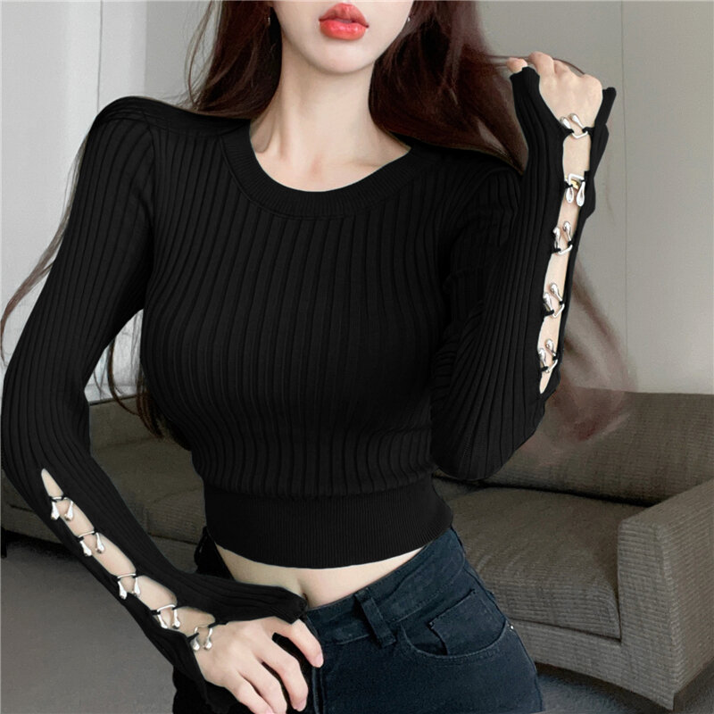Top noir tricoté élastique pour femmes, ajouré, Sexy, Slim, manches longues, t-shirt Grunge, coréen, Chic, printemps automne 2023