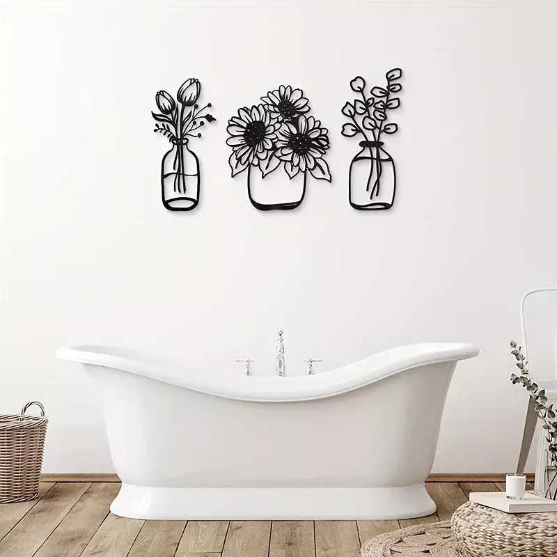 CIFBUY 데코 금속 꽃 홈 장식, 간단한 꽃병 벽 아트, 블랙 튤립 와이어 장식, 주방 욕실 거실 침실 서재, 3 개