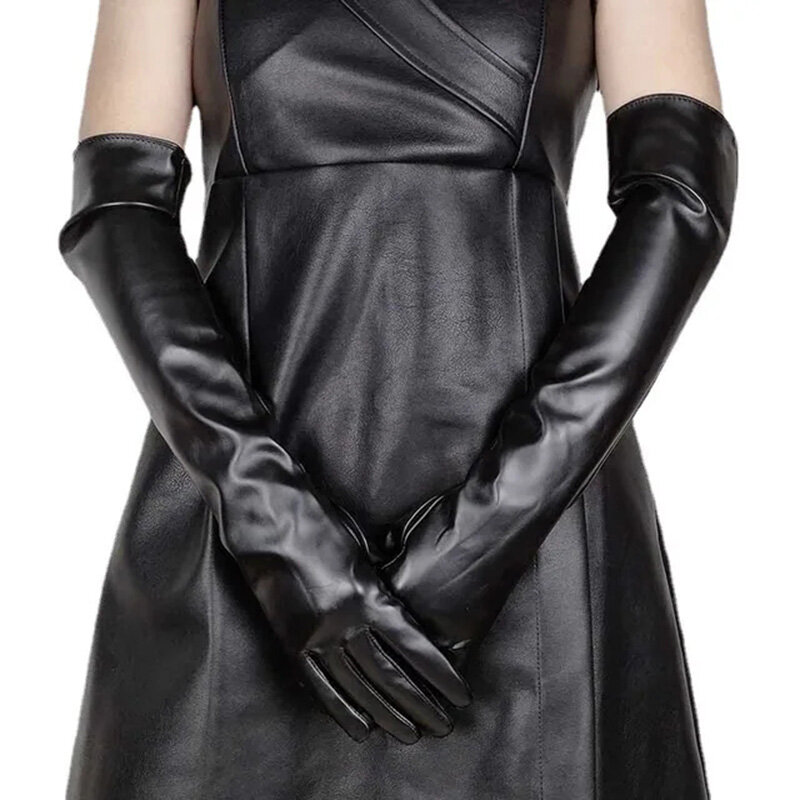 Guantes cálidos de dedo completo para mujer, manopla de cuero PU con pantalla táctil, sedoso vestido largo en el interior, etiqueta, guante de codo, invierno, G203