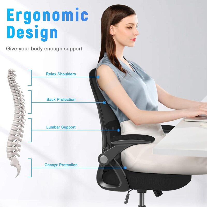 Cadeira de escritório ergonômica com altura ajustável, Mid Back Desk Chair, cadeira giratória com braços flip-up e apoio lombar