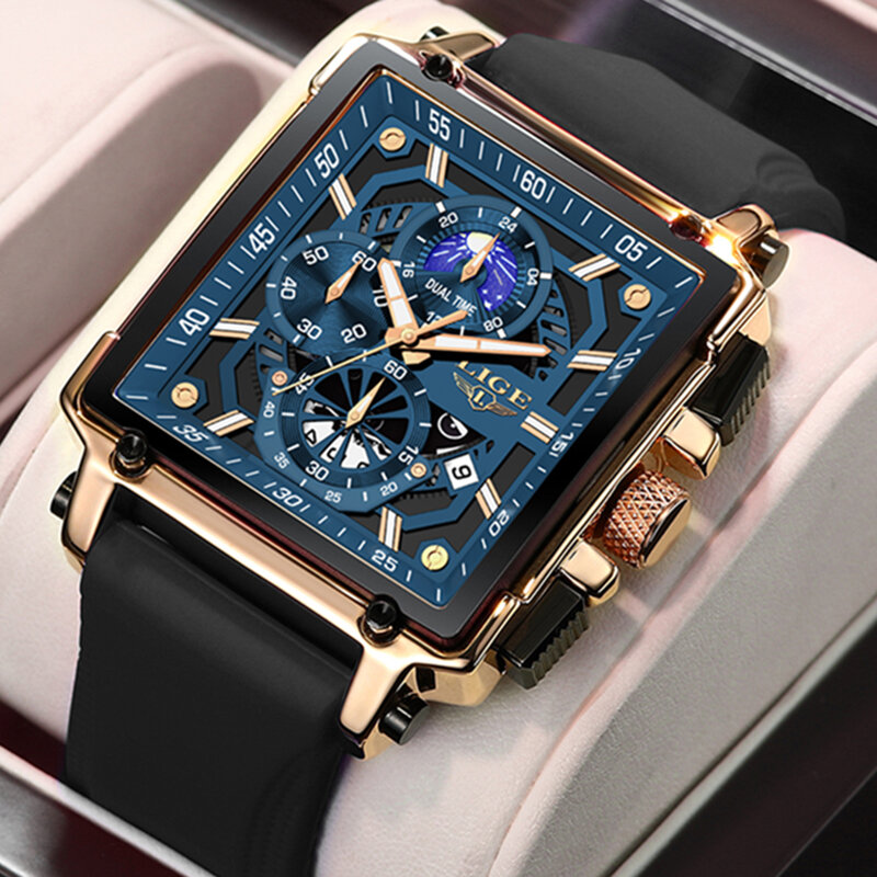 Big LIGE Men Watch Silicone Strap Top Quailty Luxury Hollow Quartz Watch For Men Waterproof Luminous Date  Sport Wrist Watches