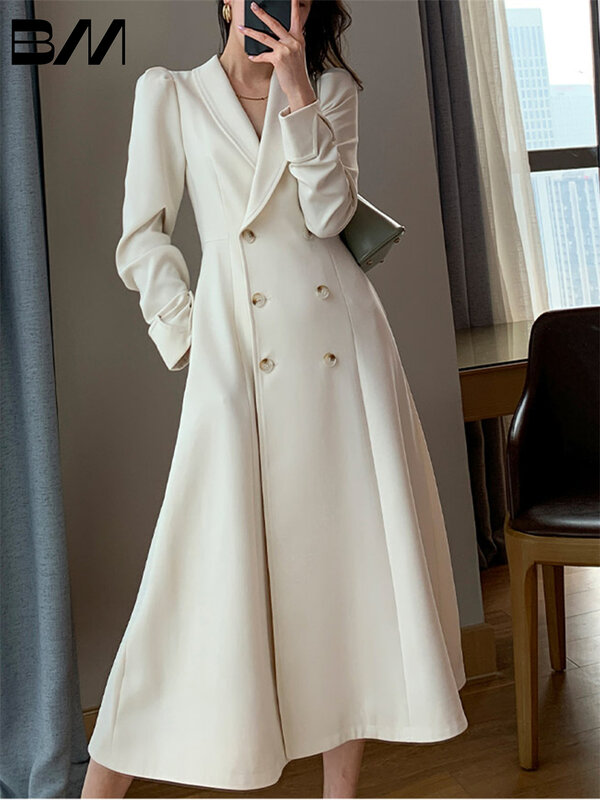 Женский двубортный Блейзер, однотонный костюм с длинным рукавом, длинная куртка на осень и зиму