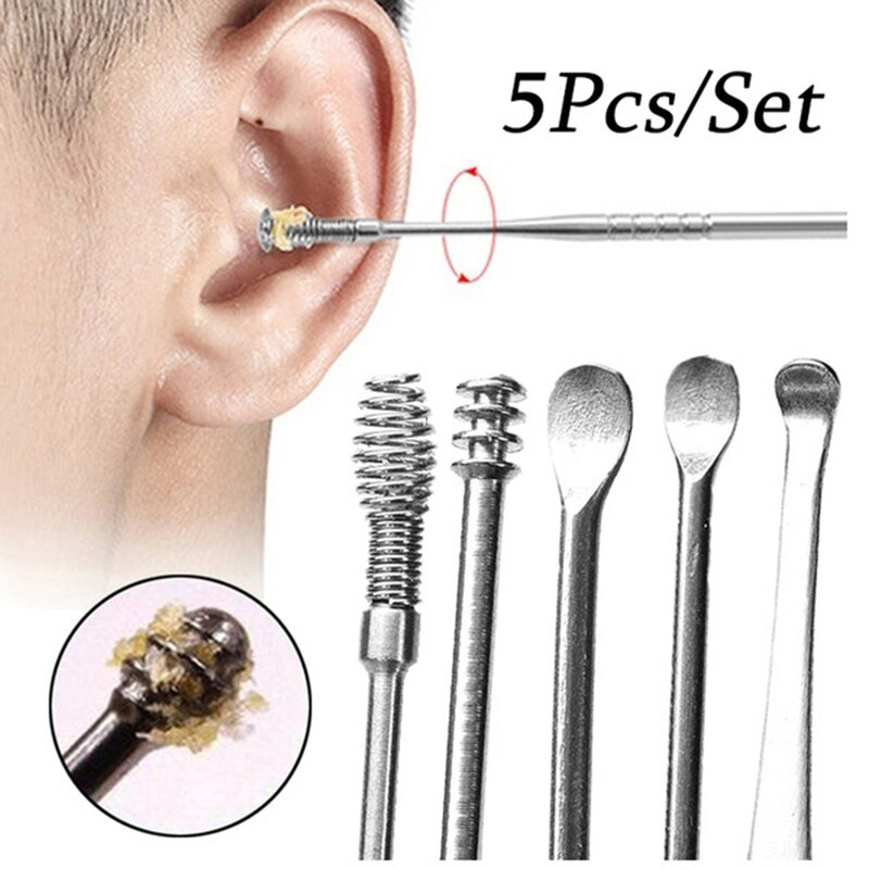 Aço inoxidável Multifunções Ear Wax Remoção Tool Kit, portátil Pick Spoon, Cleaner Set, 5pcs