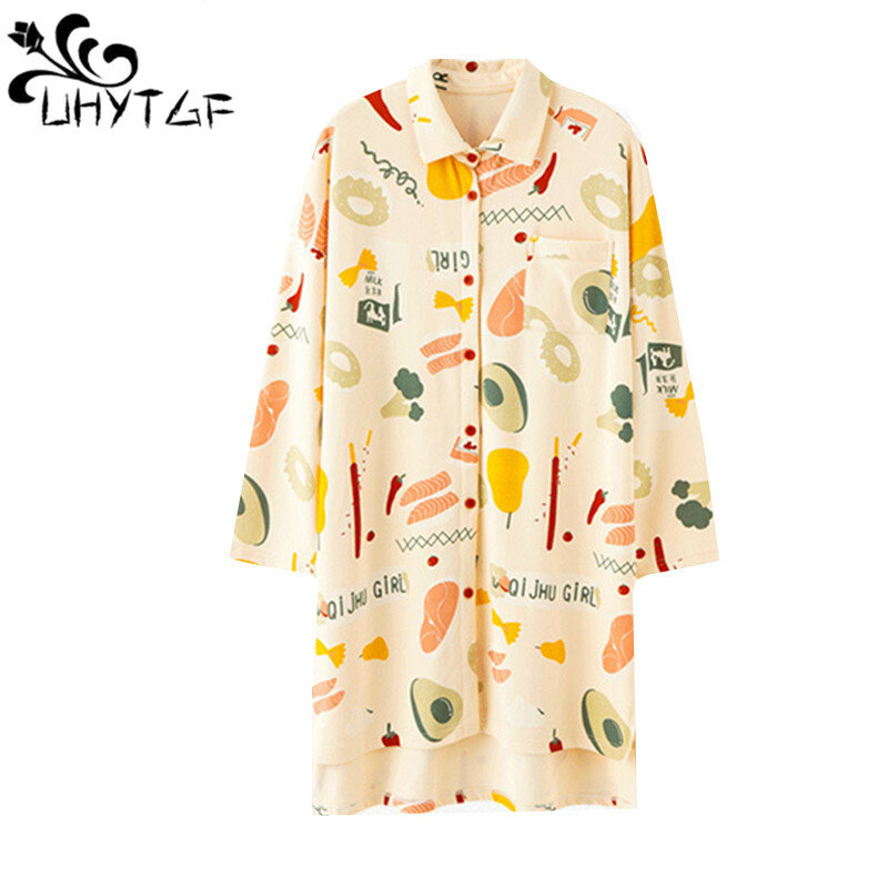 Uhytgf-女性用の長袖プリントコットンドレス,新しい春のナイトウェア,シングルブレストの家庭服,2640