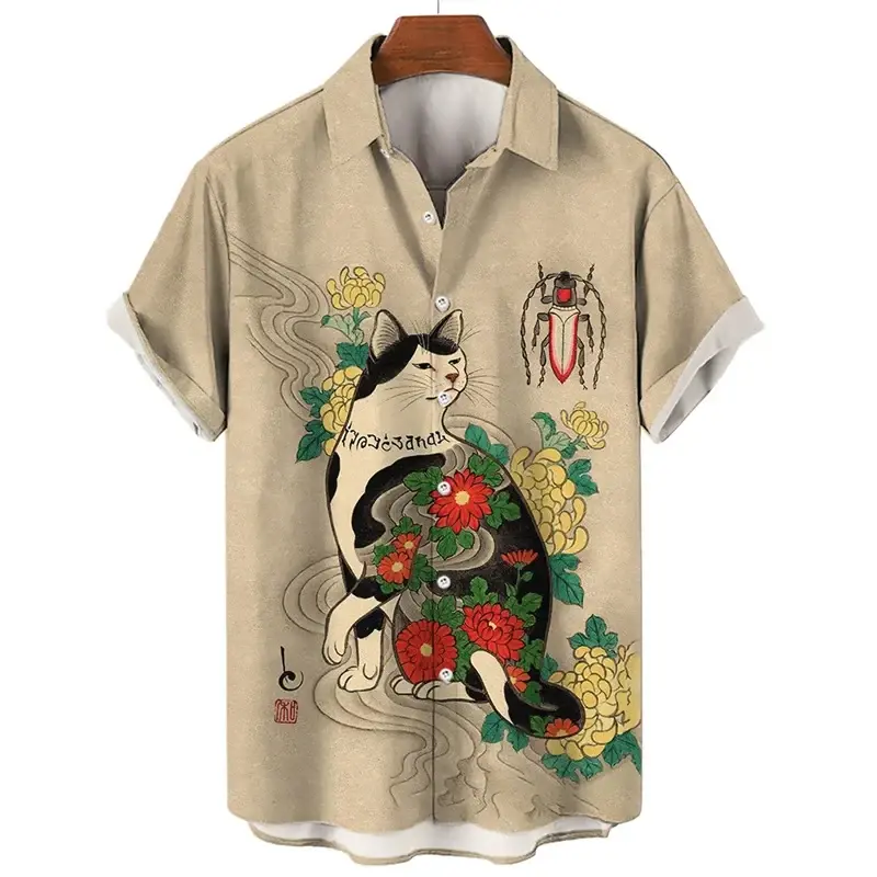 Kaus Hawaii lengan pendek untuk pria, kemeja motif 3D bergaya Jepang Samurai kucing, atasan kaus lengan pendek Harajuku untuk pria dan wanita