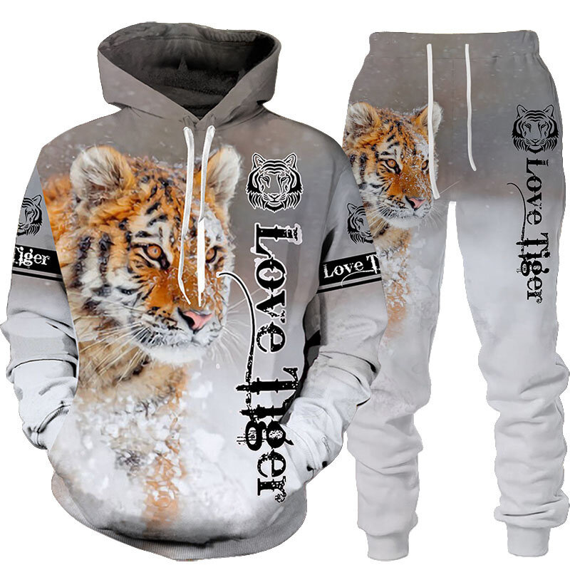 Hoodie Cetak Harimau 3D Hewan Baru + Setelan Celana Keren Pria/Wanita 2 Potong Set Pakaian Olahraga Olahraga Pakaian Pria Musim Gugur dan Dingin
