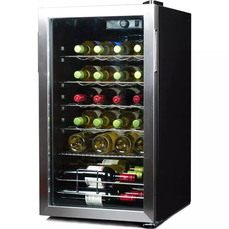 Czarny DECKER schładzacz do wina lodówka, 26 butelek kompresor lodówka na wino chłodzący z niebieskim światłem i wyświetlaczem LED, wolnostojący