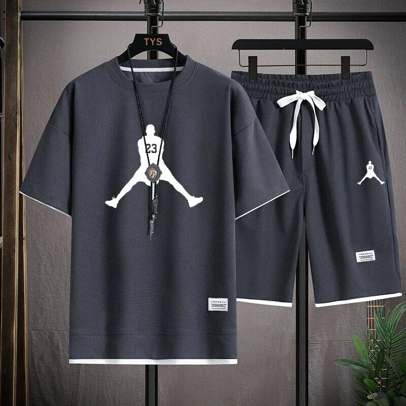 T-shirt Casual Waffle da uomo estiva di marca di moda 2024 + pantaloncini sportivi Fitness Comfort traspirante set da 2 pezzi