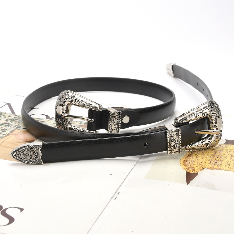 High quality retro carved fashion genuine leather belt women's pin buckle belt versatile culottes belt black fashion belt