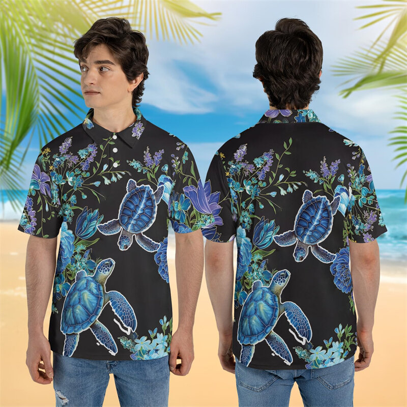 Sea Turtle Graphic POLO Shirt Summer Hawaiian Vacation Polo Shirts For Men Clothes Casual Aloha Short Sleeve Boy Button Tops