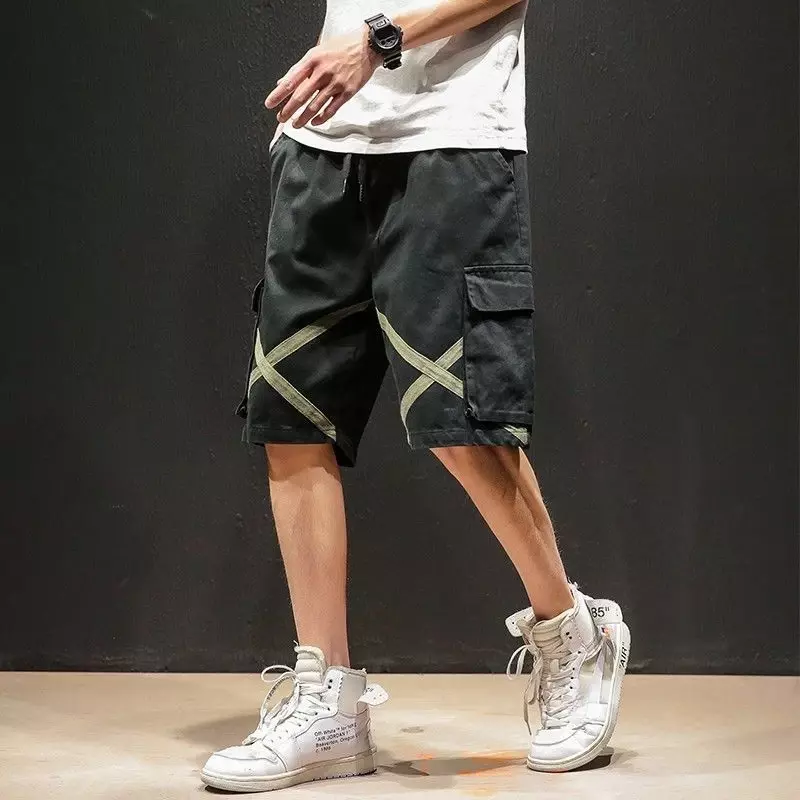 Шорты-карго мужские с множеством карманов, свободные широкие штаны-багги с эластичным поясом, дизайнерская популярная одежда в японском уличном стиле