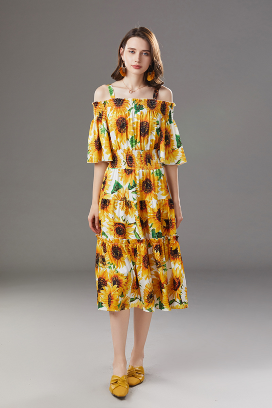 2023 런웨이 해바라기 여름 드레스 여성, 콜드 컷 오프 숄더 슬래시 넥, 꽃무늬 프린트, 휴일 롱 선드레스