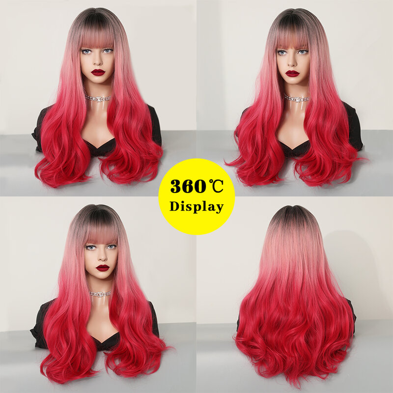 Syrenka czerwone długie peruki syntetyczne z kręconymi włosami z grzywką naturalne włosy peruki dla kobiet na imprezę Cosplay codzienne Lolita żaroodporne