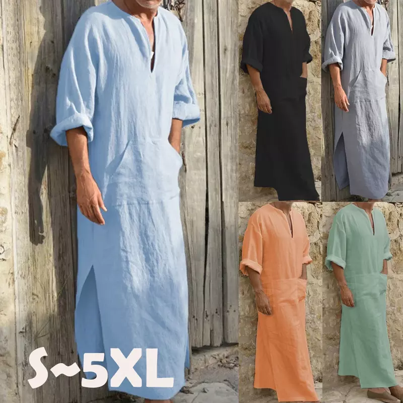 Plus Size 5XL Men Muslim Robe Retro Arab Islamic Long Dress Casual Cotton Linen Long Sleeve Kaftan Middle East Islamic Clothing