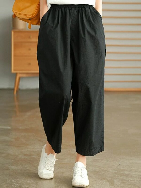 Хлопковые летние брюки, модные свободные повседневные эластичные шаровары с высокой талией, простые удобные черные женские брюки в стиле ретро, новинка 2024