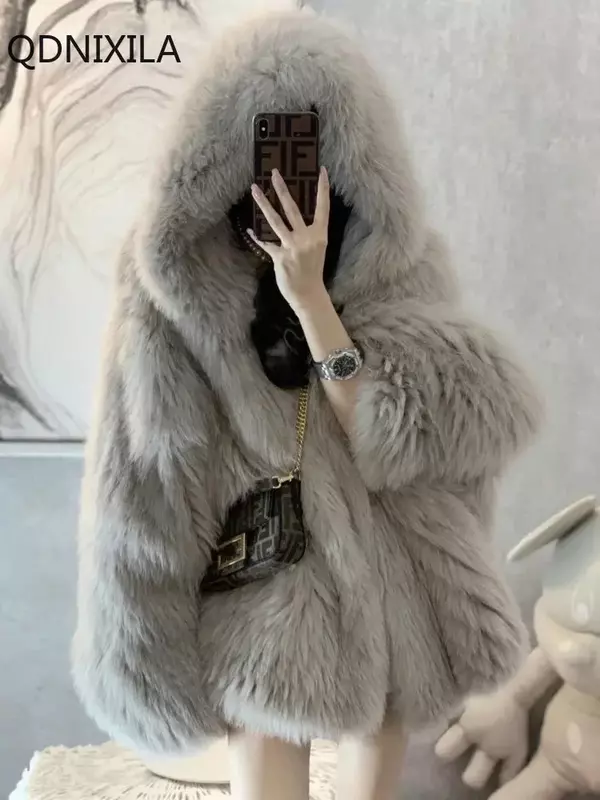 Женская куртка из искусственного меха, зимняя куртка с капюшоном из искусственного лисьего меха, Корейская версия, 2024