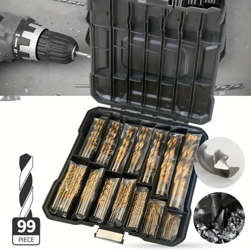 99-Piece HSS Titanium Coated Twist Drill Bit Set with Storage Case for Professional Woodworking Hole Opener Power Drill Punch