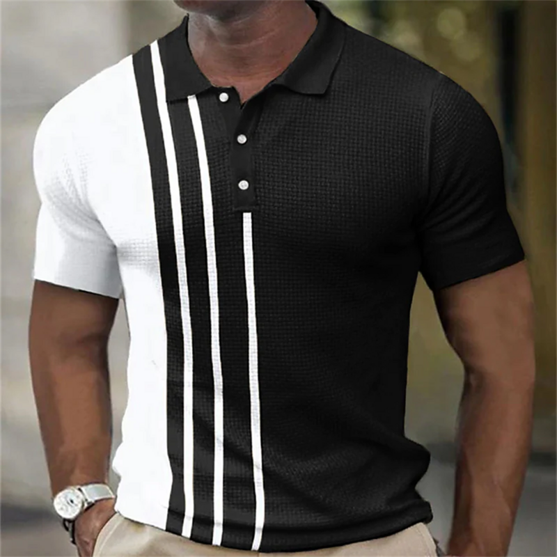 New Men's Polo Shirt 2023 Summer Stripes Short Sleeve T-shirts Casual Business Button Tops Tee Fashion Polo Shirts Man Clothing
