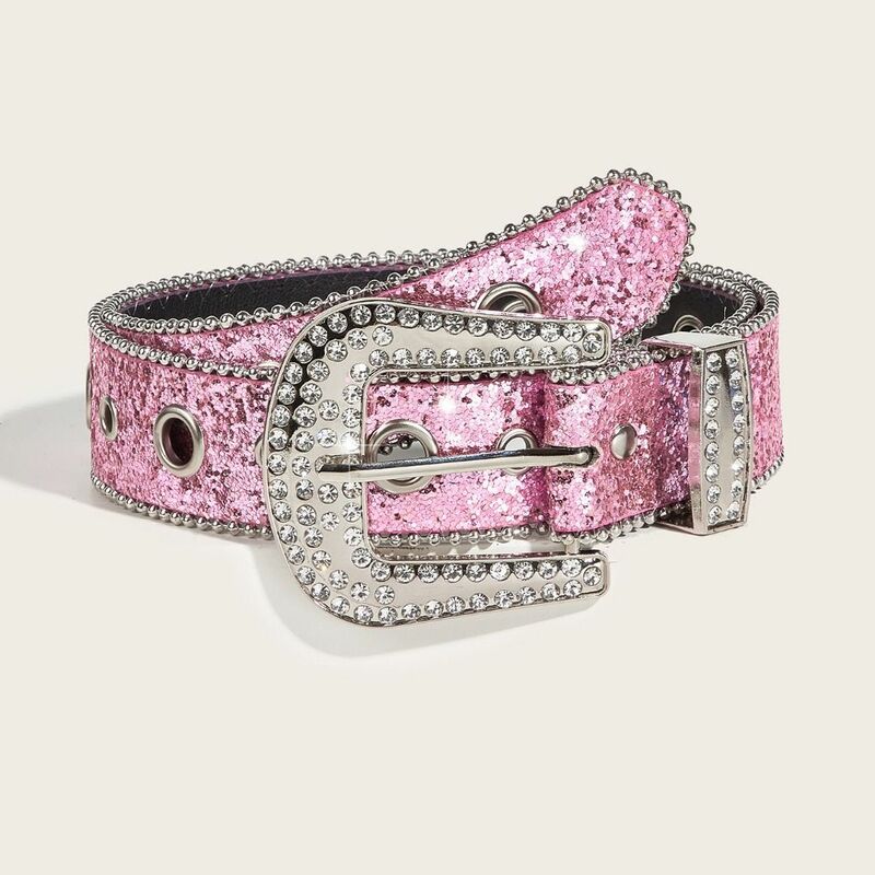 Cinturón de cuero PU con tachuelas para mujer, cinturón con diamantes de imitación de cristal ostentoso, pretina de vaquera con purpurina