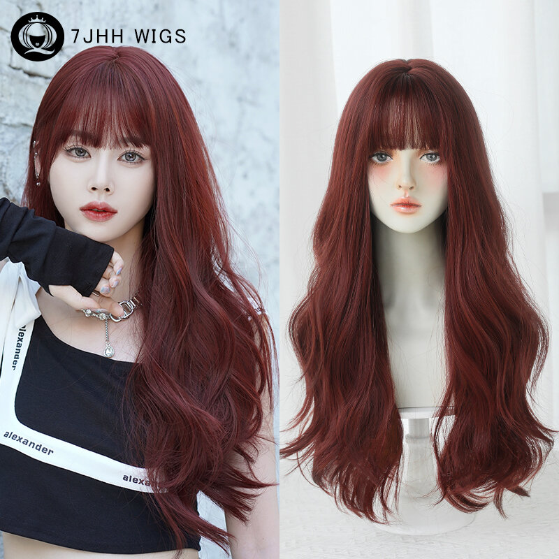Wig 7JHH rambut palsu merah anggur gelombang tubuh longgar untuk penggunaan sehari-hari Wig rambut merah bergelombang sintetis dengan poni rapi