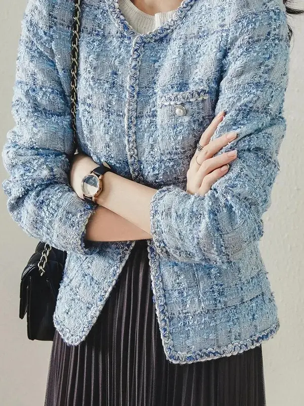 여성용 우아한 격자 무늬 트위드 긴 소매 코트, 세련된 숙녀 재킷, 루즈 O-넥 클래식 재킷, 용수철 및 가을