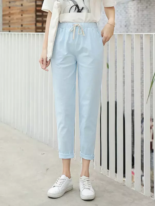 M-4XL pantaloni Casual da donna alla caviglia in cotone solido e lino pantaloni primavera estate Capris pantaloni a matita
