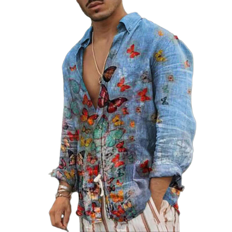 Гавайская рубашка для мужчин, модная блузка с длинным рукавом, пуговицами и 3D-принтом бабочки, уличная одежда в гавайском стиле