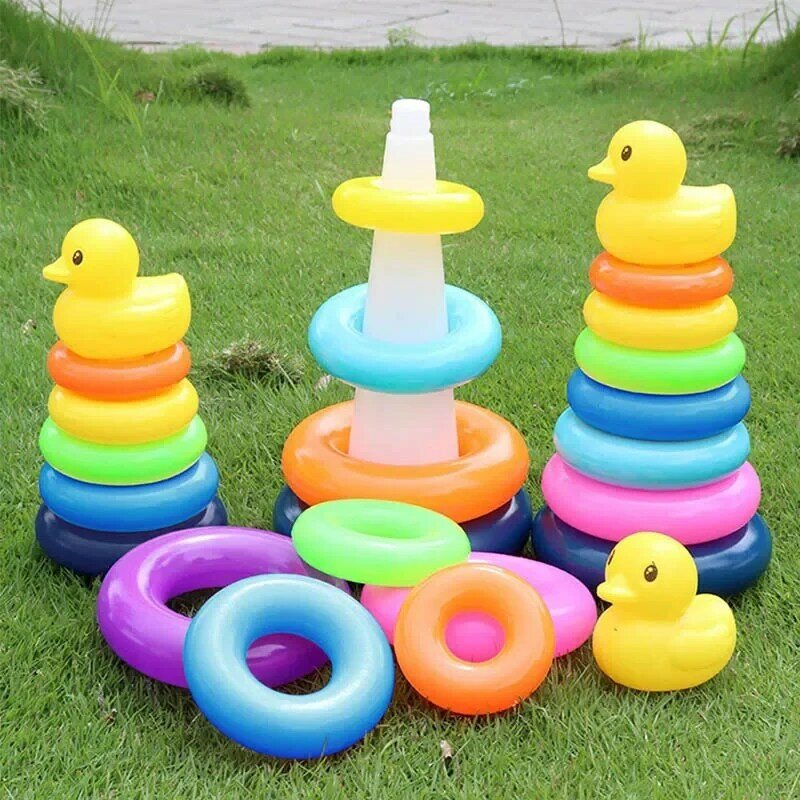 Torre de apilamiento de arcoíris de pato amarillo para niños, anillo de rompecabezas educativo para la primera infancia, juguete montesoris para niños