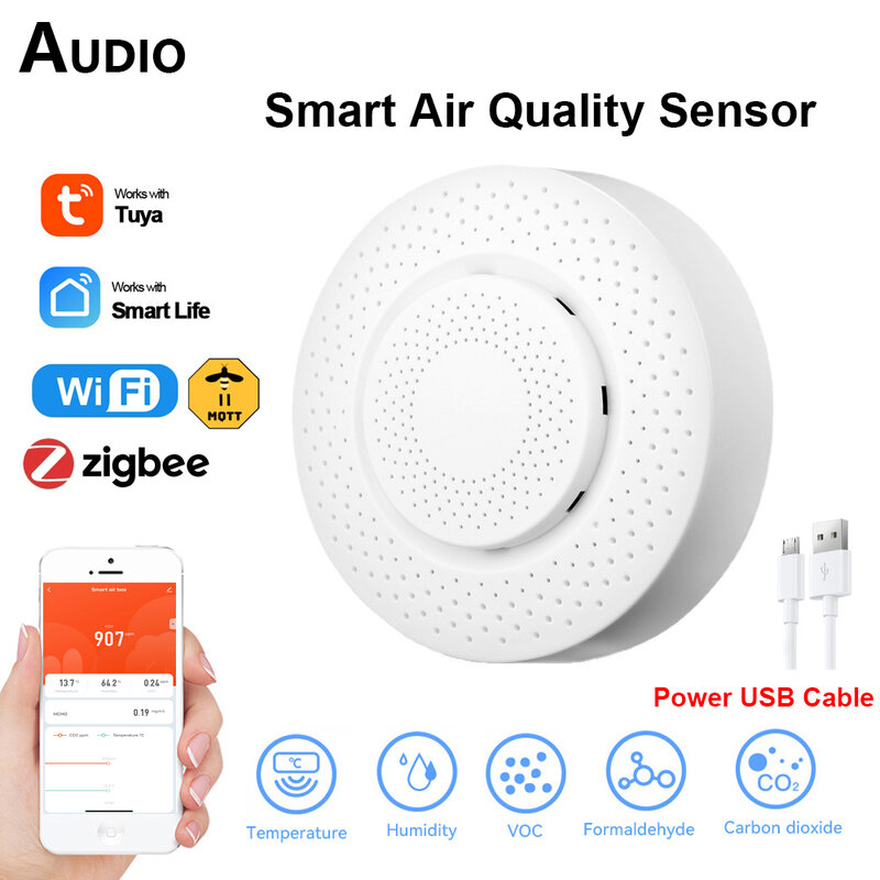 Tuya-Zigbee Air Quality Sensor Monitor, Smart Air Box, CO2 Meter, Carbon Dioxide, Formaldehyde, VOC, Temperature, Humidity Sensor