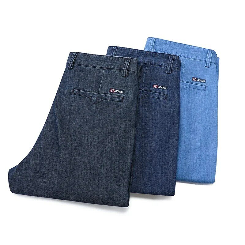 Calças jeans leves de algodão stretch masculinas, jeans estilo luxo, marca fina e leve, High Lyocell, Fit, reto, roupas