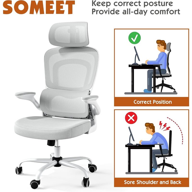 Silla de oficina de malla ergonómica con soporte Lumbar, brazos abatibles de Espalda alta con silla de oficina, sillas de juegos de computadora de malla