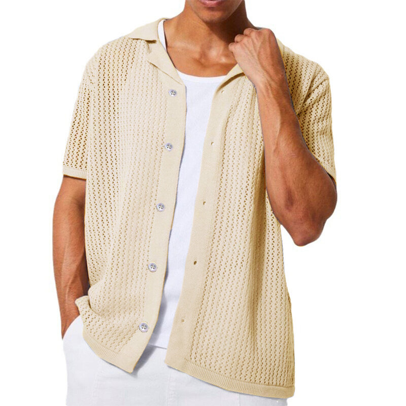 Cardigã solto de malha masculino, camisa de manga curta, botão de lapela, top oco, moda legal, verão