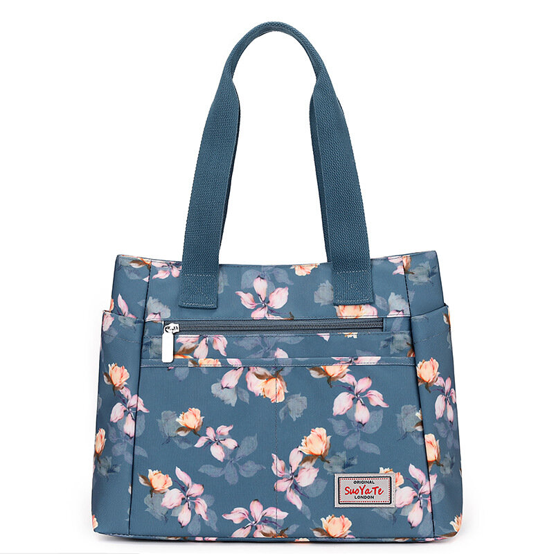 Floral Printing Tote Handbags for Women Nylon Waterproof Large Capacity Shopping Purse Ladies Multi Pocket Zipper Messenger Bags