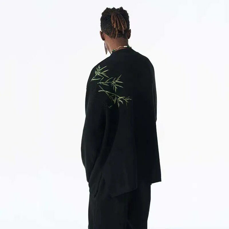 Мужской вязаный свитер с круглым вырезом, зеленый Повседневный свободный свитер из бамбуковой шерсти с вышивкой в китайском стиле, весна-осень 2023
