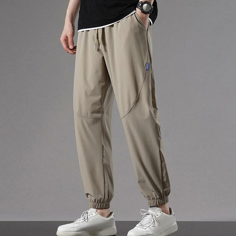 Pantalones de cintura elástica para hombre, pantalones deportivos de secado rápido con bolsillos laterales, cintura con cordón, Joggers de entrenamiento de gimnasio de talla grande