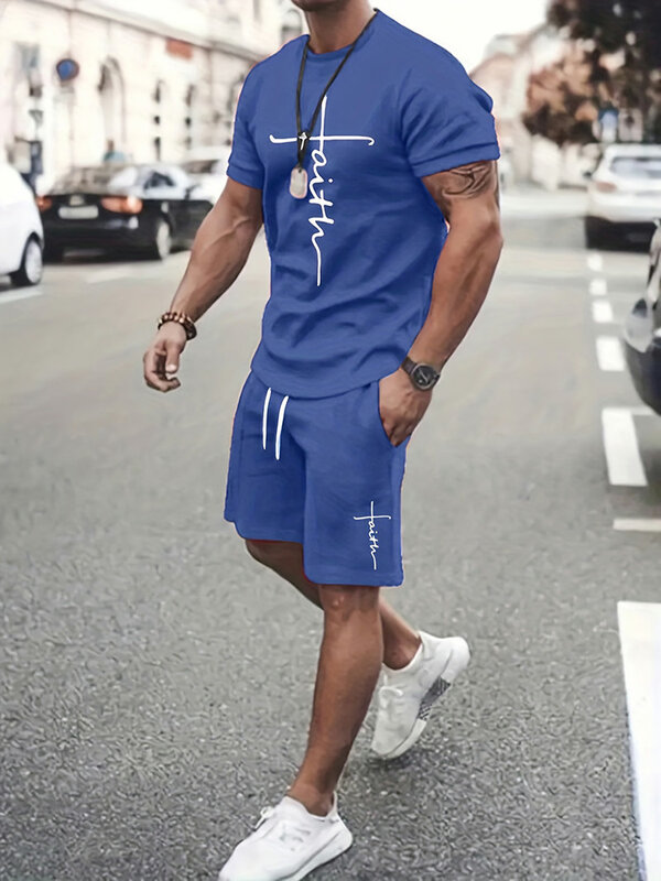 2024 New Summer Men's Suit Street Fashion Loose and Comfortable T-Shirt Outdoor Sports Running Fitness Shorts Text Printing