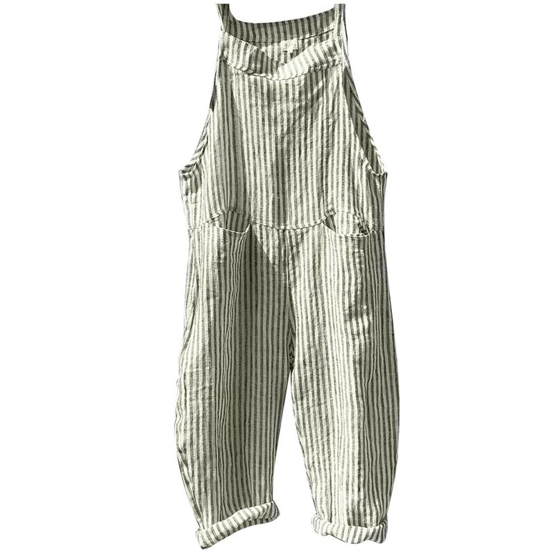 Baju monyet musim semi Bohemian 2024, jumpsuit panjang wanita kasual motif garis-garis dengan saku katun untuk overall kasual kualitas tinggi