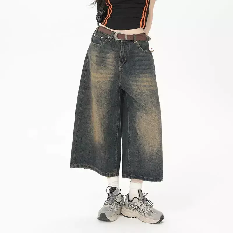 QWEEK Vintage Streetwear Women Jorts Jean 2024 Summer Loose Wide Leg Knee Length Shorts Oversize Fashion Denim Trouser Pants Y2K