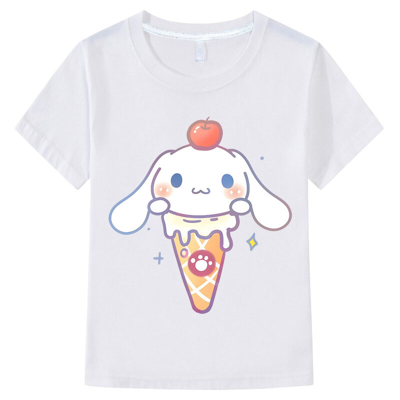 Camiseta con estampado de Cinnamoroll para niños y niñas, 100% algodón, camisetas deportivas de manga corta, regalo de vacaciones, Tops Kawaii