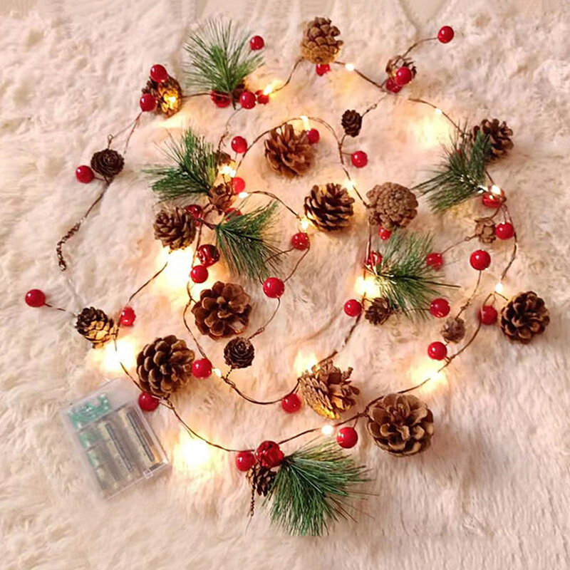 2 متر 20 LED Pinecones عيد الميلاد سلسلة ضوء الزفاف جارلاند أضواء الأحمر بيري جرس الجنية ضوء لعيد الميلاد عطلة شجرة تزيين