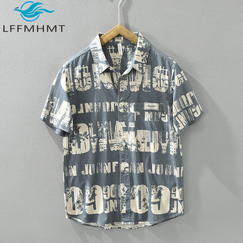 8075 Summer New Fashion 100% Cotton High Quality Short Sleeve Shirt Letter Vintage Print Soft Thin Casual Loose Blouse Tops Male