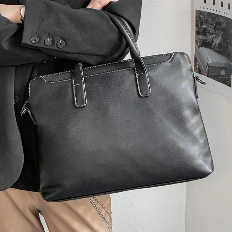 Malas masculinas de couro PU, bolsa com zíper, bolsa masculina para laptop, grande capacidade, ombro, mensageiro, arquivo, moda