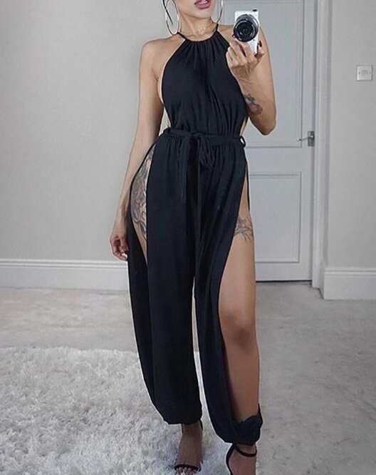 Urban Style for Women's Jumpsuit 2024 Spring Summer Sleeveless Solid Color Sexy V-Neck Basic Daily Hign Waist Split Jumpsuit