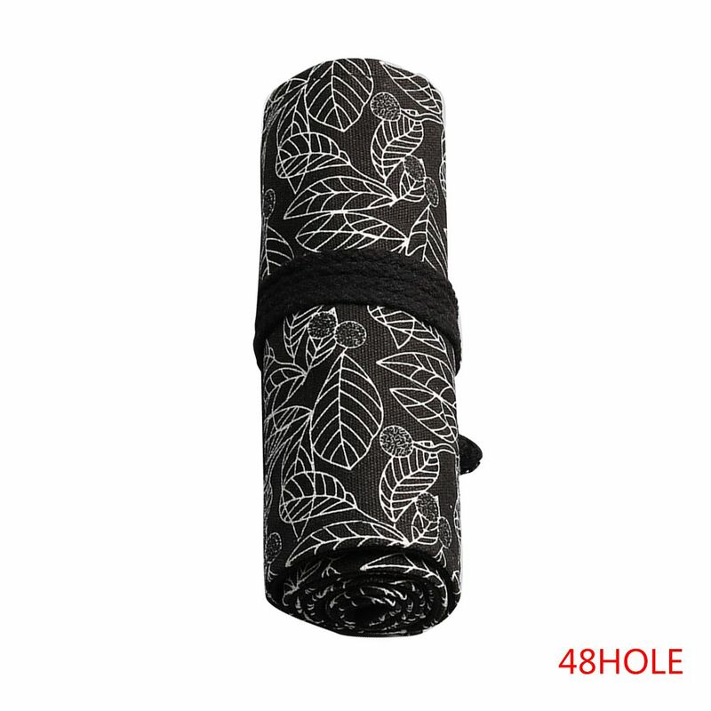 Black White Leaves Printed Pattern Roll Up Paint Brush Canvas Case Wrap Sketching Drawing Pen Bag Pouch 12-24 Holes