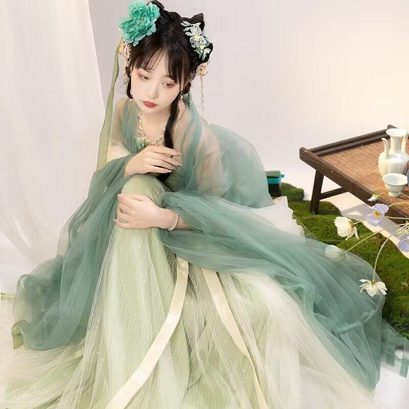 Roupa chinesa antiga de hanfu para mulheres, hanfu tradicional, fantasia de carnaval feminina, festa show, conjuntos verdes e azuis